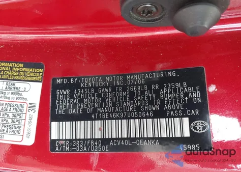 2007 Toyota Camry Le z USA, uszkodzony, nr VIN 4T1BE46K97U050646